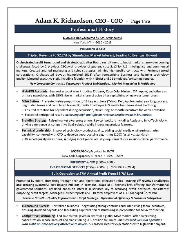 Sample resume for top executives