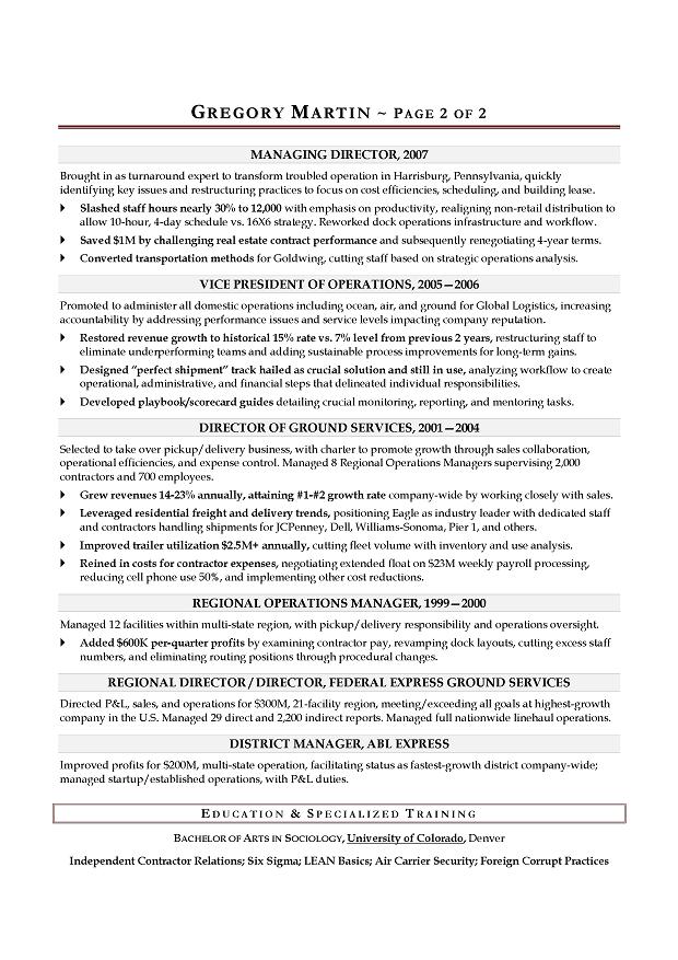 Sample resume format for operations